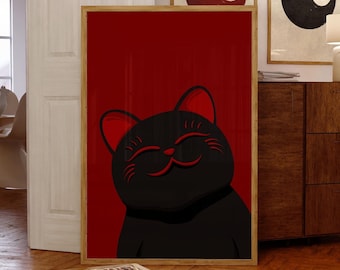 Black Cat Wall Art, Minimalist Cat Poster, Red Printable Decor