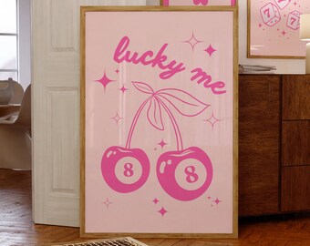 Lucky Me Cherry Poster, Pink 8 Ball Wall Art