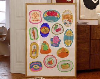 Retro Fruit Sticker Collage Print: Colorful Kitchen Wall Art (Digital Download