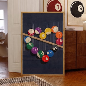 Retro biljartballen kunst aan de muur, vintage pooltafel decor, jaren 70 esthetische biljartkamer print, game room poster, biljartbal set artwork