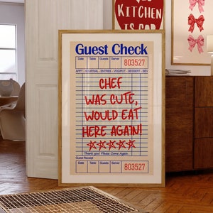 Impresión de cheque de invitado, el chef era lindo y volvería a comer aquí, arte de pared de cheque de invitado, arte de pared de cocina, impresión de cheque de invitado, póster de cheque de invitado