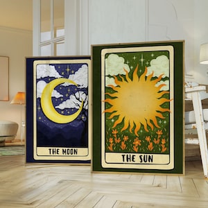 Juego de arte mural con cartas del Tarot, impresiones del Sol y la Luna para decoración espiritual, arte mural moderno.