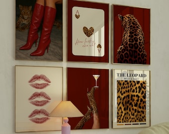 Gallery Wall Set, Leopard Print, Set of 6 Prints, Red Lip Art, Trendy Wall Art, Instant Download