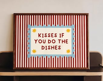 Kisses If You Do the Dishes Print, Funny Retro Kitchen Wall Art