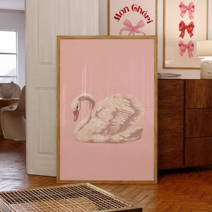 Póster de cisne, arte de pared imprimible suave, decoración rosa para el hogar, póster de animales, descarga digital, arte de pared natural, arte de pared de animales, arte de pared vintage
