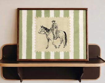 Sage Green Cowboy Print, Vintage Western Horse Wall Art