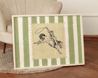 Vintage Striped Cowboy Rodeo Print, Vintage Western Poster, Retro Wall Art, Trendy Room Decor