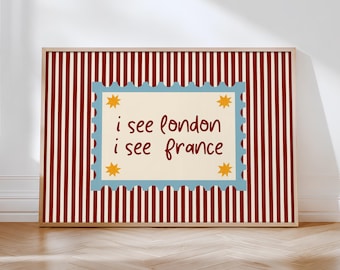 I See London I See France Print, Funny Bathroom Art, Retro Striped Printable Poster