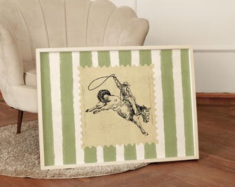 Vintage Striped Cowboy Rodeo Print, Vintage Western Poster, Retro Wall Art, Trendy Room Decor