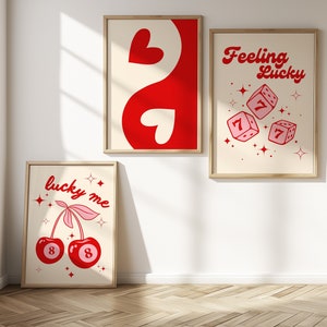 Conjunto retro de 3 piezas de arte de pared moderno, arte de pared "suerte", póster de yin yang con corazón, arte de cartas de bar, póster de cereza con bola 8, arte de pared "siento suerte"
