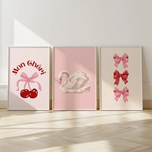 Trendy Pink Bows Wall Art Set of 3, Preppy poster, College Apartment Decor, Watercolor Bows Print, Coquette Room Decor, Girly Wall Art
