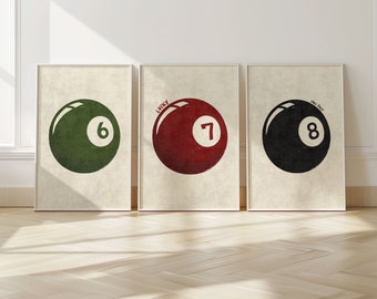 Vintage Billiard Ball Art Prints, Retro Game Room Decor (Digital Download)