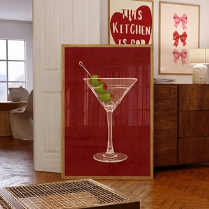 Dirty Martini Poster on red background with green olives, trendy wall art, cocktail wall art, martini decorations, bar cart decor, housewarming gift.