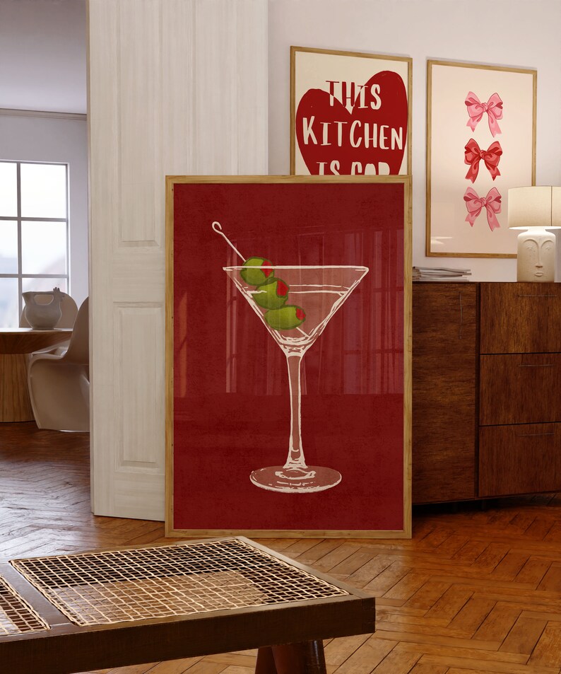 Dirty Martini Poster on red background with green olives, trendy wall art, cocktail wall art, martini decorations, bar cart decor, housewarming gift.