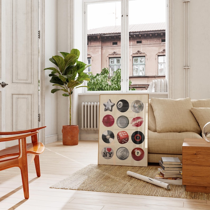 Bold photo collage poster featuring a 7 ball print, kiss mark, disco ball, beer cap, and retro icons. Ideal for bar wall art, dorm decor, or modern kitchens. A cool and unique printable wall art for dopamine decor lovers.