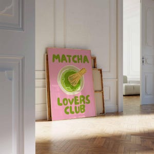 Pink matcha printable wall art featuring Matcha Lovers Club typography with a green matcha bowl and bamboo whisk on a bright pink background, ideal for matcha wall art, matcha print, tea lover gift, kitchen wall art, kitchen print, coffee bar decor, pink wall art, green wall art, cute wall art, girly wall art, dopamine decor and apartment decor.
