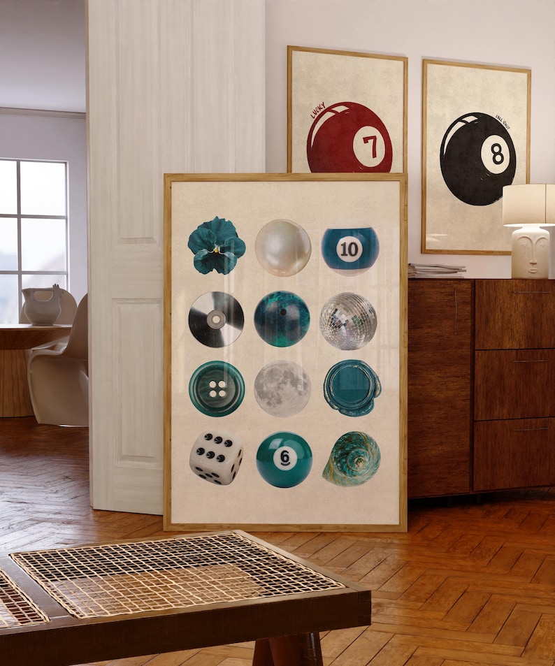 Blue-toned printable photo collage featuring disco ball, teal wax seal, bowling ball, pearl, and moon. Bold wall art perfect for dopamine decor, modern interiors, and quirky, aesthetic room styling.