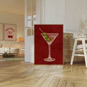 Dirty Martini Poster on red background with green olives, trendy wall art, cocktail wall art, martini decorations, bar cart decor, housewarming gift.