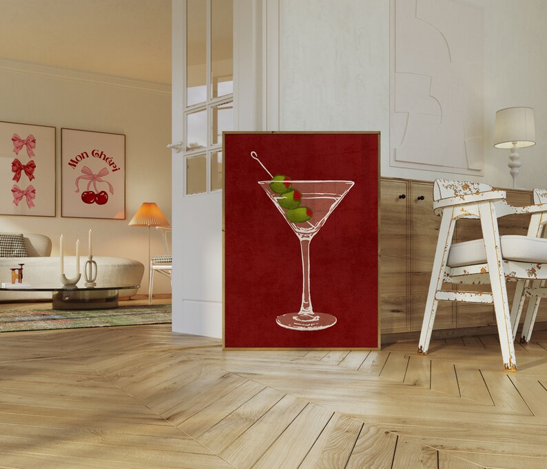 Dirty Martini Poster on red background with green olives, trendy wall art, cocktail wall art, martini decorations, bar cart decor, housewarming gift.