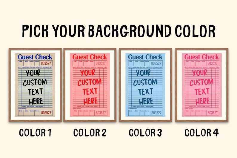 Personalized guest check printable poster with custom text in vintage diner style for kitchen wall decor
