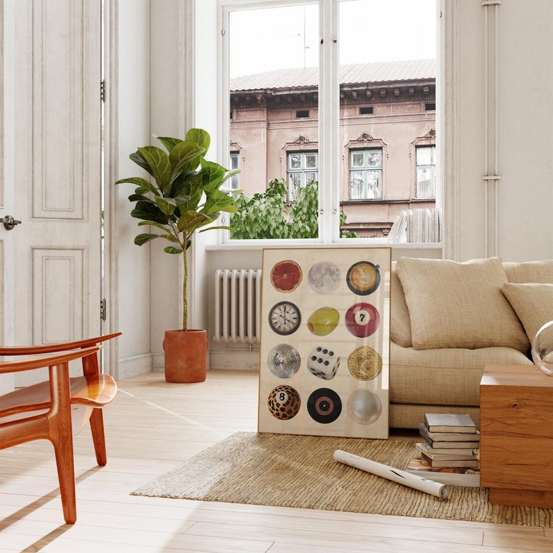 Framed retro collage poster featuring disco ball, dice, 8 ball, record, coffee, and moon illustrations. Displayed in a cozy mid-century modern interior, this printable wall art is perfect for dopamine decor, dorm rooms, vintage lovers, or trendy living room decor.