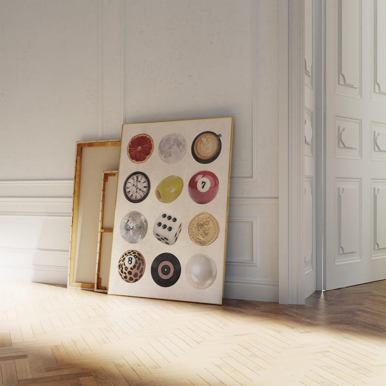 Framed retro collage poster featuring disco ball, dice, 8 ball, record, coffee, and moon illustrations. Displayed in a cozy mid-century modern interior, this printable wall art is perfect for dopamine decor, dorm rooms, vintage lovers, or trendy living room decor.