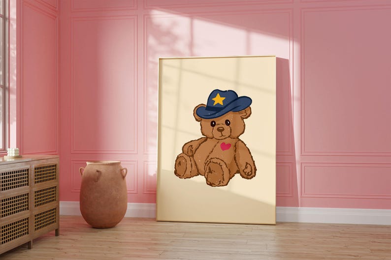 Retro teddy bear cowboy print for nursery or dorm decor, perfect for vintage wall art lovers, Western art themes, and playful apartment wall decor. Printable wall art featuring a cute bear with a cowboy hat.
