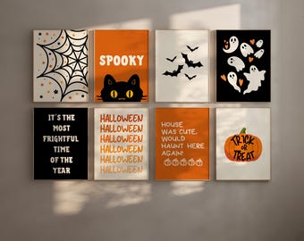 May include: Eight Halloween-themed printable wall art prints. The prints feature a black cat, a spider web, bats, ghosts, pumpkins, and text that says "Spooky", "It's the most frightful time of the year", "Halloween Halloween Halloween Halloween Halloween Halloween", "House was cute, would haunt here again!" and "Trick or Treat".