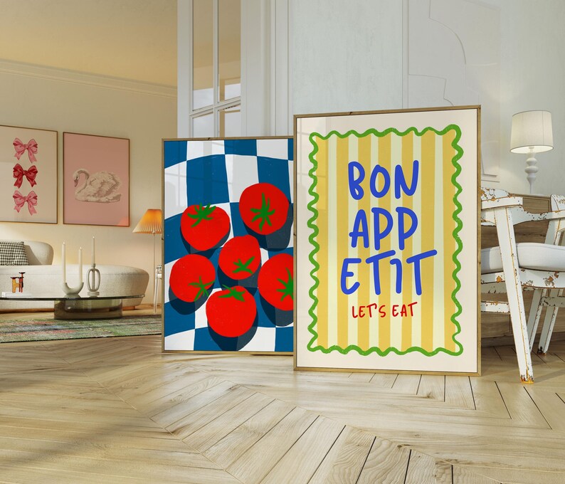 set of 2 bon appetit prints, retro cooking prints,... Tomato & Bon Appétit Kitchen Art Prints (digital Download) - Etsy