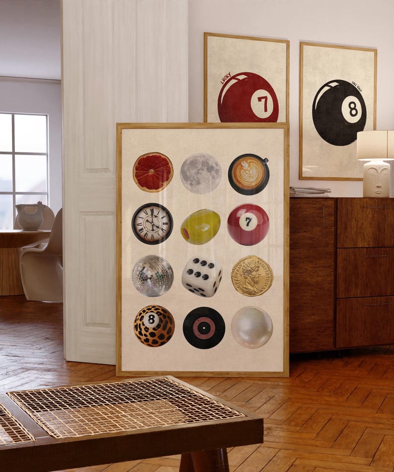 Framed retro collage poster featuring disco ball, dice, 8 ball, record, coffee, and moon illustrations. Displayed in a cozy mid-century modern interior, this printable wall art is perfect for dopamine decor, dorm rooms, vintage lovers, or trendy living room decor.
