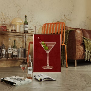 Dirty Martini Poster on red background with green olives, trendy wall art, cocktail wall art, martini decorations, bar cart decor, housewarming gift.