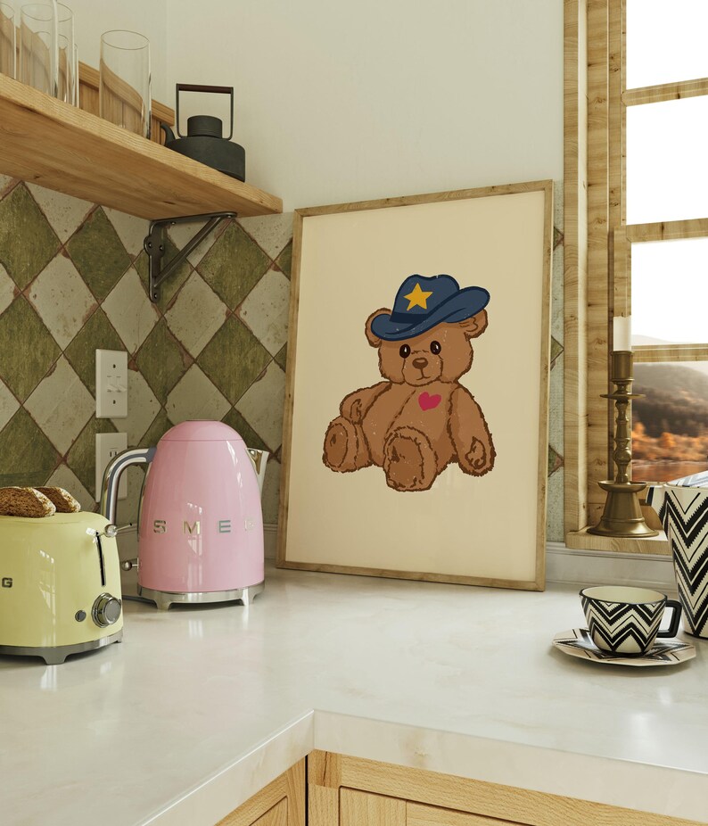 Retro teddy bear cowboy print for nursery or dorm decor, perfect for vintage wall art lovers, Western art themes, and playful apartment wall decor. Printable wall art featuring a cute bear with a cowboy hat.