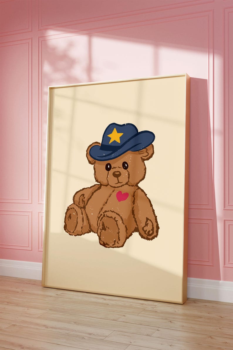 Retro teddy bear cowboy print for nursery or dorm decor, perfect for vintage wall art lovers, Western art themes, and playful apartment wall decor. Printable wall art featuring a cute bear with a cowboy hat.
