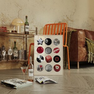 Bold photo collage poster featuring a 7 ball print, kiss mark, disco ball, beer cap, and retro icons. Ideal for bar wall art, dorm decor, or modern kitchens. A cool and unique printable wall art for dopamine decor lovers.