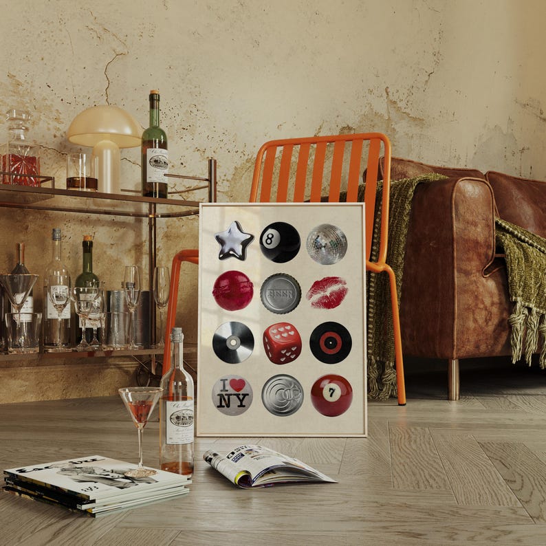 Bold photo collage poster featuring a 7 ball print, kiss mark, disco ball, beer cap, and retro icons. Ideal for bar wall art, dorm decor, or modern kitchens. A cool and unique printable wall art for dopamine decor lovers.