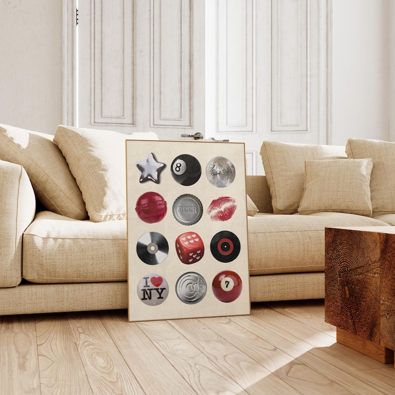 Bold photo collage poster featuring a 7 ball print, kiss mark, disco ball, beer cap, and retro icons. Ideal for bar wall art, dorm decor, or modern kitchens. A cool and unique printable wall art for dopamine decor lovers.