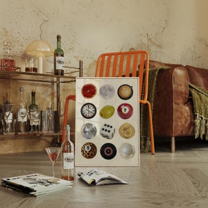 Framed retro collage poster featuring disco ball, dice, 8 ball, record, coffee, and moon illustrations. Displayed in a cozy mid-century modern interior, this printable wall art is perfect for dopamine decor, dorm rooms, vintage lovers, or trendy living room decor.