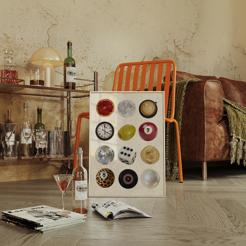 Framed retro collage poster featuring disco ball, dice, 8 ball, record, coffee, and moon illustrations. Displayed in a cozy mid-century modern interior, this printable wall art is perfect for dopamine decor, dorm rooms, vintage lovers, or trendy living room decor.