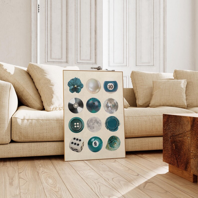 Blue-toned printable photo collage featuring disco ball, teal wax seal, bowling ball, pearl, and moon. Bold wall art perfect for dopamine decor, modern interiors, and quirky, aesthetic room styling.