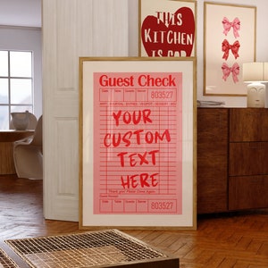 May include: A printable guest check template with a pink and red color scheme. The text "Guest Check" is at the top of the template. The text "Your Custom Text Here" is in the center of the template. The template has lines for entering the date, table number, guests, server, and a receipt number. The receipt number is 803527.
