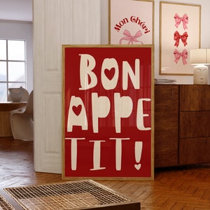 Bon Appetitポスター、ミッドセンチュリーのタイポグラフィプリント、フランス語の名言ポスター、Bon Appetitキッチンウォールアート、マキシマリストキッチンプリント、トレンディなポスター