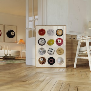 Framed retro collage poster featuring disco ball, dice, 8 ball, record, coffee, and moon illustrations. Displayed in a cozy mid-century modern interior, this printable wall art is perfect for dopamine decor, dorm rooms, vintage lovers, or trendy living room decor.