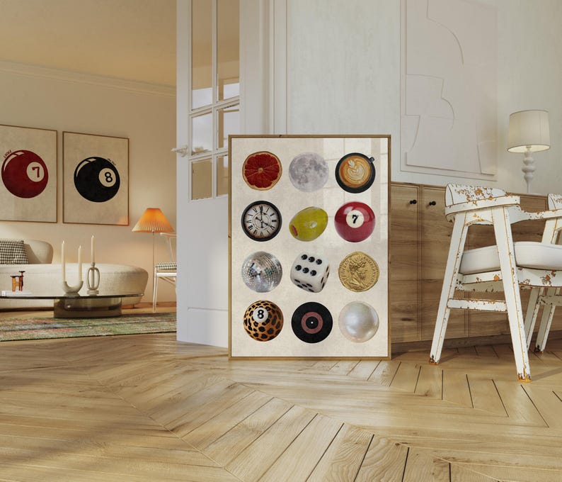Framed retro collage poster featuring disco ball, dice, 8 ball, record, coffee, and moon illustrations. Displayed in a cozy mid-century modern interior, this printable wall art is perfect for dopamine decor, dorm rooms, vintage lovers, or trendy living room decor.