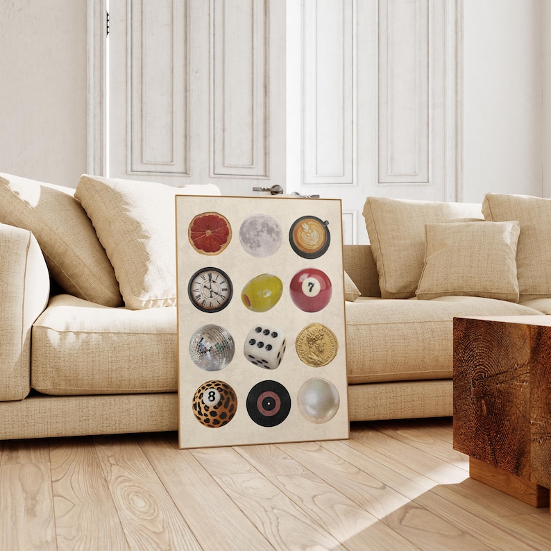 Framed retro collage poster featuring disco ball, dice, 8 ball, record, coffee, and moon illustrations. Displayed in a cozy mid-century modern interior, this printable wall art is perfect for dopamine decor, dorm rooms, vintage lovers, or trendy living room decor.