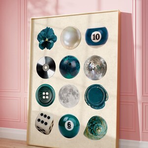 Blue-toned printable photo collage featuring disco ball, teal wax seal, bowling ball, pearl, and moon. Bold wall art perfect for dopamine decor, modern interiors, and quirky, aesthetic room styling.