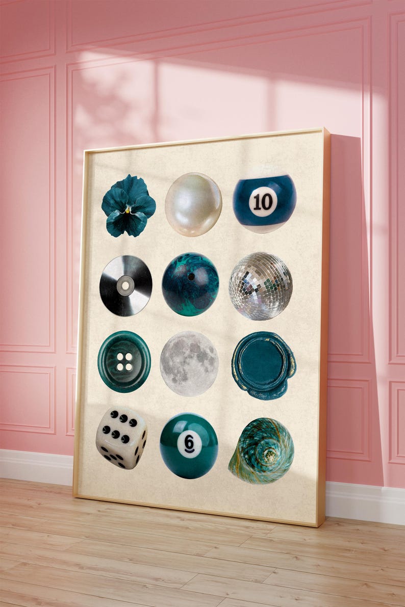 Blue-toned printable photo collage featuring disco ball, teal wax seal, bowling ball, pearl, and moon. Bold wall art perfect for dopamine decor, modern interiors, and quirky, aesthetic room styling.