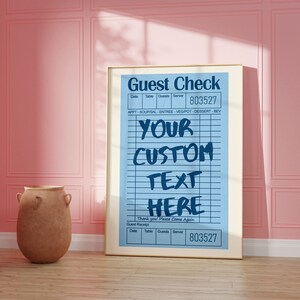 Personalized guest check printable poster with custom text in vintage diner style for kitchen wall decor