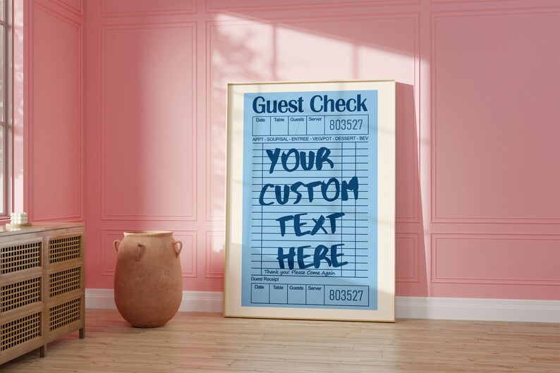 Personalized guest check printable poster with custom text in vintage diner style for kitchen wall decor
