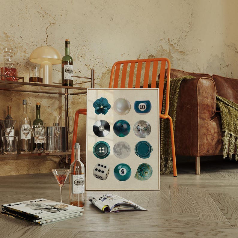 Blue-toned printable photo collage featuring disco ball, teal wax seal, bowling ball, pearl, and moon. Bold wall art perfect for dopamine decor, modern interiors, and quirky, aesthetic room styling.