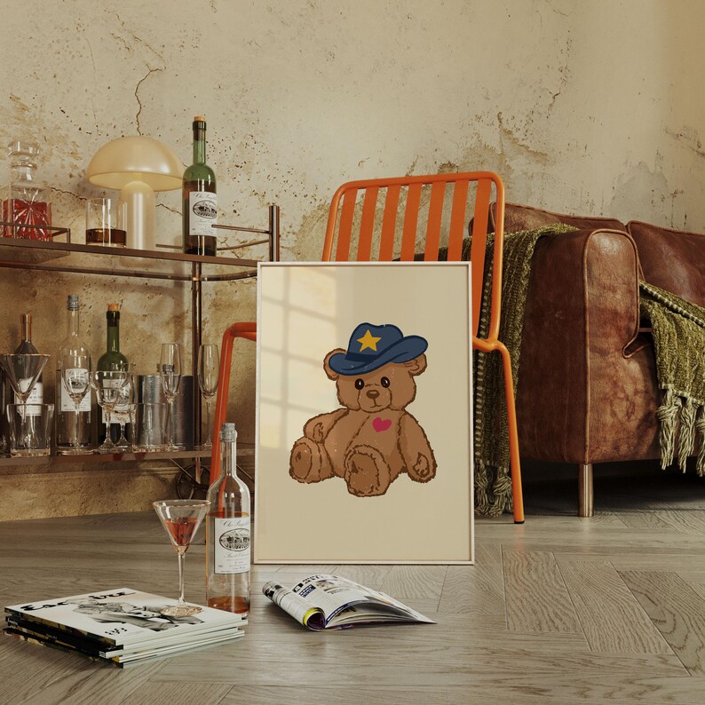 Retro teddy bear cowboy print for nursery or dorm decor, perfect for vintage wall art lovers, Western art themes, and playful apartment wall decor. Printable wall art featuring a cute bear with a cowboy hat.